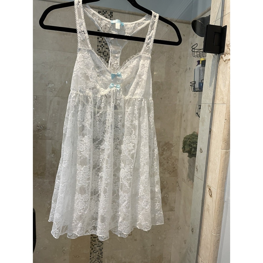 Betsey Johnson White Lace Sheer Chemise Nightie Blue Bows Wedding Lingerie M